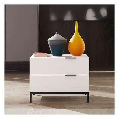 Minimalist White Bedroom Wooden Bedside Table with 2 Drawers Black Metal Legs