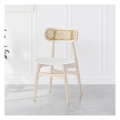 Japandi Rattan Dining Chair Faux Leather Upholstered Bleached Wooden White Kitchen Chairs