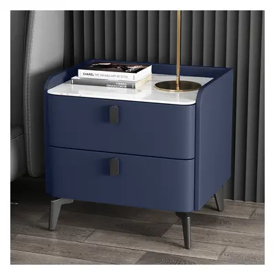 Modern Nightstand with 2 Drawers Bedroom Nightstand in Deep Blue, Faux Marble Top