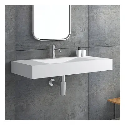 Glossy White Wall-Mount Floating Basin Solid Surface Stone Resin Bathroom V-Shaped Basin