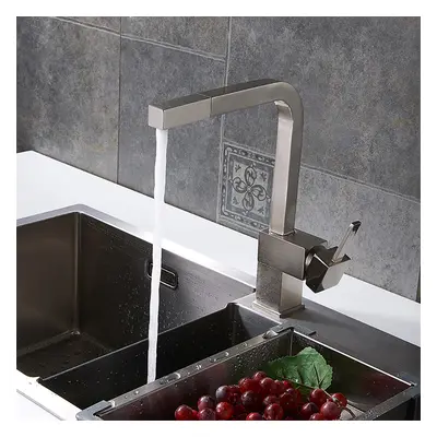 Contemporary Single Lever Handle Square Pull-Out Brass Kitchen Tap in Brushed Nickel