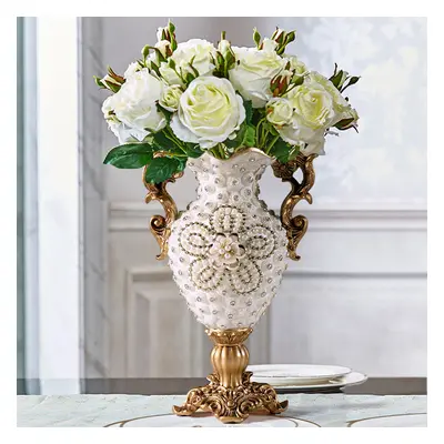 Shinely 380mm European Retro White & Gold Resin Large Flower Vase Decor Art Living Room