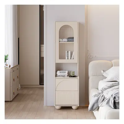 Modern Tall White Nightstand with Glass Door & Sheleves 2-Drawer Bedside Table