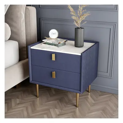 Modern Blue Nightstand 2 Drawers PU Leather Nightstand with Gold Metal Legs