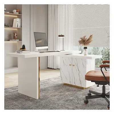 2235mm Modern White L-Shape Writing Desk with Side Cabinet Wood Office Desk Gold Finish