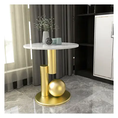 Round Marble Stone Top End Table with Abstract Metal Base Modern White Side Table