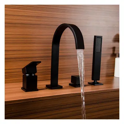 Dree Waterfall Spout Deck-Mount 4-Hole Bath Tap with Hand Shower in Matte Black Brass