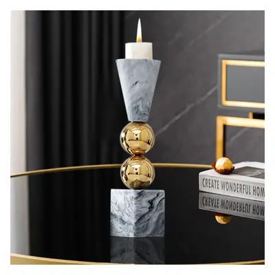 Grey Marble Candle Holder Gold Ball Pillar Candlestick Decor