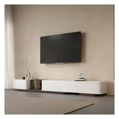 3000mm Walnut & Off White Modern Wood Extendable TV Stand with 4 Drawer Retracted Cream Media Co