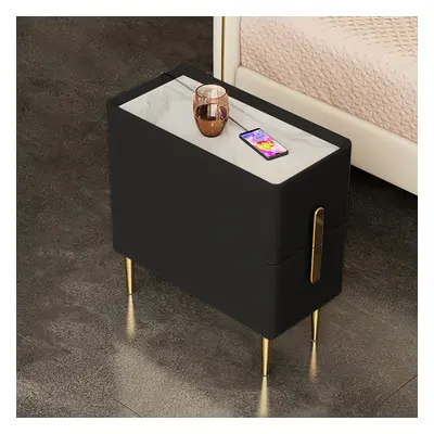 Inarrow Modern Black Leather Nightstand Bedside Table with 2 Drawers in Gold Legs