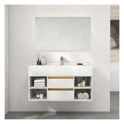 39.4" Floating Bathroom Vanity Set Cultured Marble White with Ceramic Sink & 2 Drawers