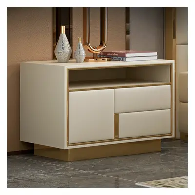 Modern Beige Wooden Nightstand PU Leather Upholstery with 1 Drawer