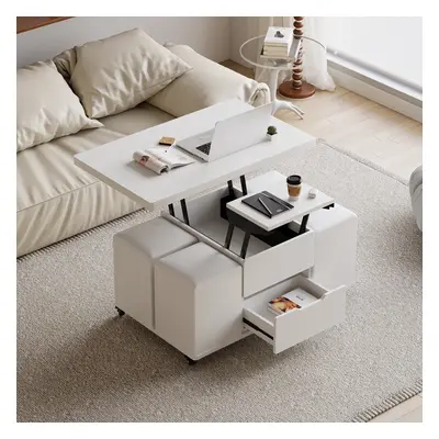 Modern White Lift Top Coffee Table 4 in 1 with Storage Ottoman Foldable and Casters Transforming