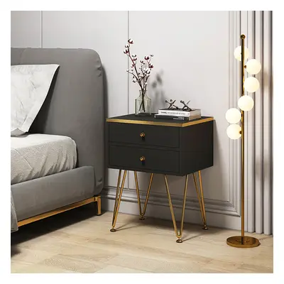 Black Small Nightstand with 2 Drawers Bedside Table Gold Pulls & V-Shaped Legs