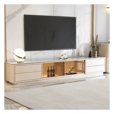 2200mm White Wood Rectangle TV Stand Sintered Stone Top 4-Drawer Glass Doors Cabinet