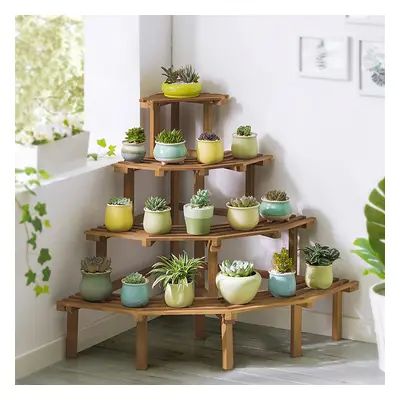 4 Tier Multifunctional Tall Tiered Wood Outdoor Plant Stand Display Shelf Rack Natural