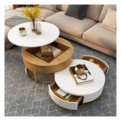 Nesnesis Modern Round Lift-top Nesting Wood Coffee Tables with 2 Drawers White & Natural