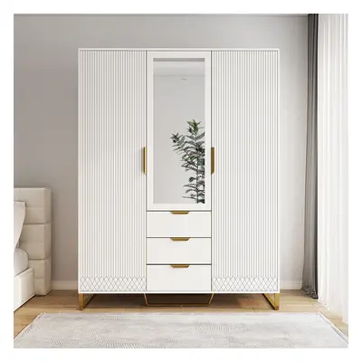 Aro Modern 3 Door Mirrored Armoire Dresser with Shelves & Drawers Tall Wardrobe Closet