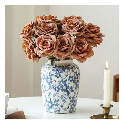 Vintage Pink Rose Artificial Flowers in Vase Set Blue and White Porcelain Vase