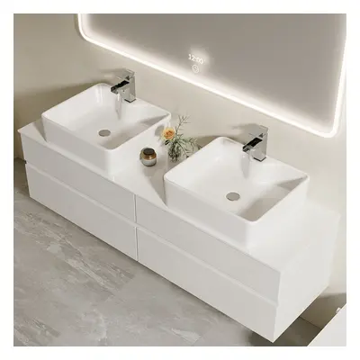 60" Floating Bathroom Vanity Cultured Marble Top with Ceramic Vessel Sink White