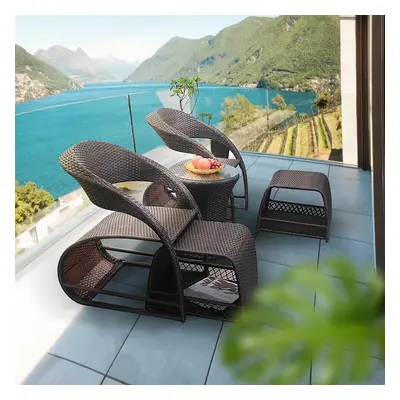 Outdoor PE Rattan Recliner Chair with Ottoman & Storage 2-Piece Set in Coffee