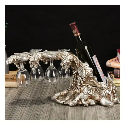 Traditional Wine Glass Rack Grape Vines Tabletop Wine Bottle Holder in Distressed Silver