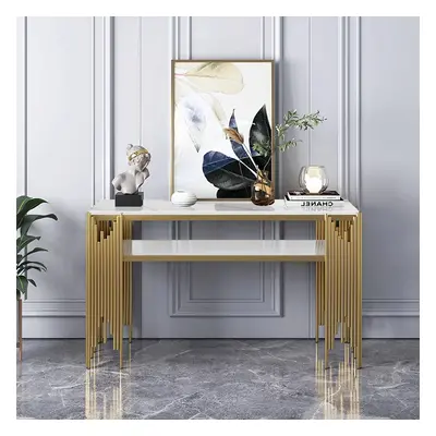 1200mm Modern White Faux Marble Narrow Console Table with Storage Shelf and 4 Gold Legs