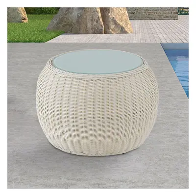 620mm Plastic Rattan Glass-Top Off White Coffee Table Side Table