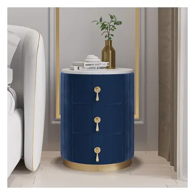 Blue Velvet Nightstand with Storage Sintered Stone Top Round Nightstand with 3 Drawers