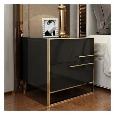 Cylina Modern 2 Drawers Black Lacquer Nightstand in Gold