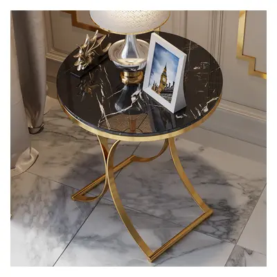 Modern Luxurious Round Black Marble Stone Side Table X-Base End Table in Gold