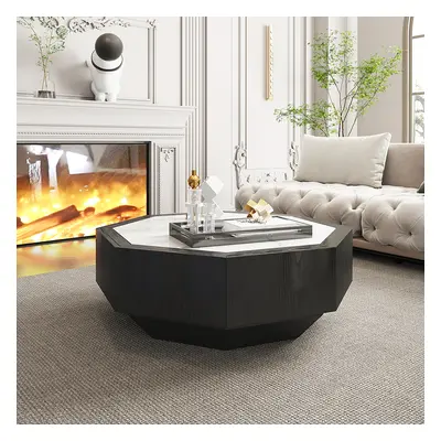 Wood Octagonal Coffee Table Rotating in Black with 2 Drawers Sintered Stone Top