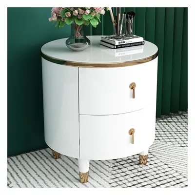 2-Drawer Round Bedside Table Modern White Bedside Table in Gold Finish