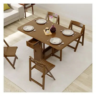 1450mm Modern Solid Wood Folding 5 Piece Dining Table Set for 4 in Walnut