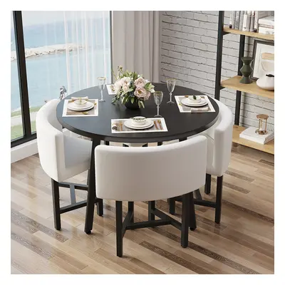 Dining Table Set 39.4" Round Wood Dining Table & 4 White Upholstered Dining Chairs