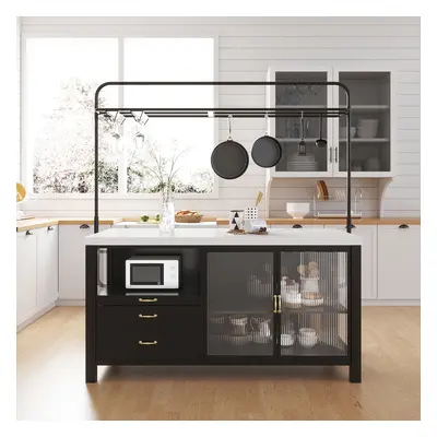 1630mmm Black Kitchen lsland with Pot Rack Marble Pattern Kitchen Cabinet with Storage