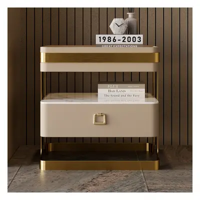 Modern Tempered Glass Nightstand with Sintered Stone Shelf Bedside Table with Drawer