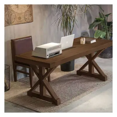 Vintage Style Walnut Pine wood Office Writing Desk with Trestle Leg in Natural Farmhouse Home Of