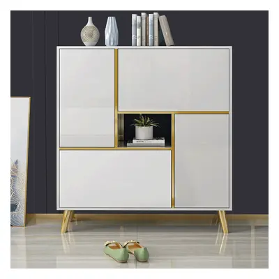 White Modern Shoe Storage Cabinet 17-Pair 2 Doors with Shelves & Pull-Down Drawers