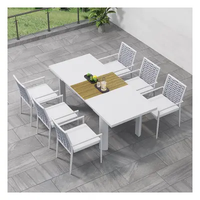 7 PCS Outdoor Patio Dining Set Extendable Aluminum & Wood-Plastic Table & Chairs Set