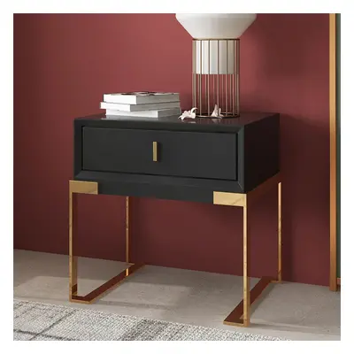 Black Bedroom Nightstand with Drawer Bedside Table Stainless Steel Base