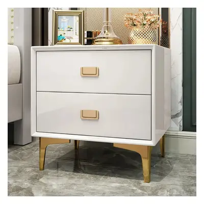 Modern White Nightstand 2 -Drawer Bedside Table in Gold Finish