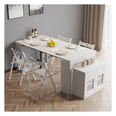 Modern White Extendable Dining Table Set Rectangle Storage Sideboard with 4 Chairs