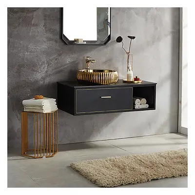 Black Floating Bathroom Vanity Sintered Stone Top 1 Drawer with Gold Ceramics Vessel