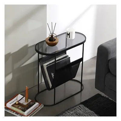 Modern Side Table Black End Table Metal Accent Oval Table Magazine Holder Sofa Table