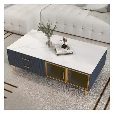 Cofab Modern Blue Coffee Table with 2 Glass Door Storage & 4 Drawers Gold Metal Legs