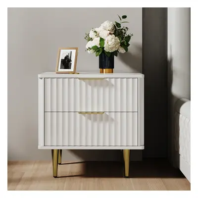 Modern White Nightstand with 2 Drawers Bedside Table with Gold Legs