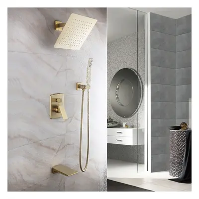 Solid Brass Wall Mount Rainshower Hand Shower & Bath Spout Shower Mixer in Brushed Gold