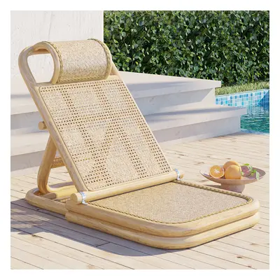 Scandinavian Rattan & Wood Outdoor Long Reclining Chaise Patio Lounge Chair in Natural