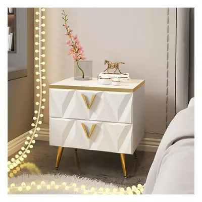 Nordic White Bedside Table 2-Drawer Nightstand V-Shaped Facet & Gold Pulls in Small